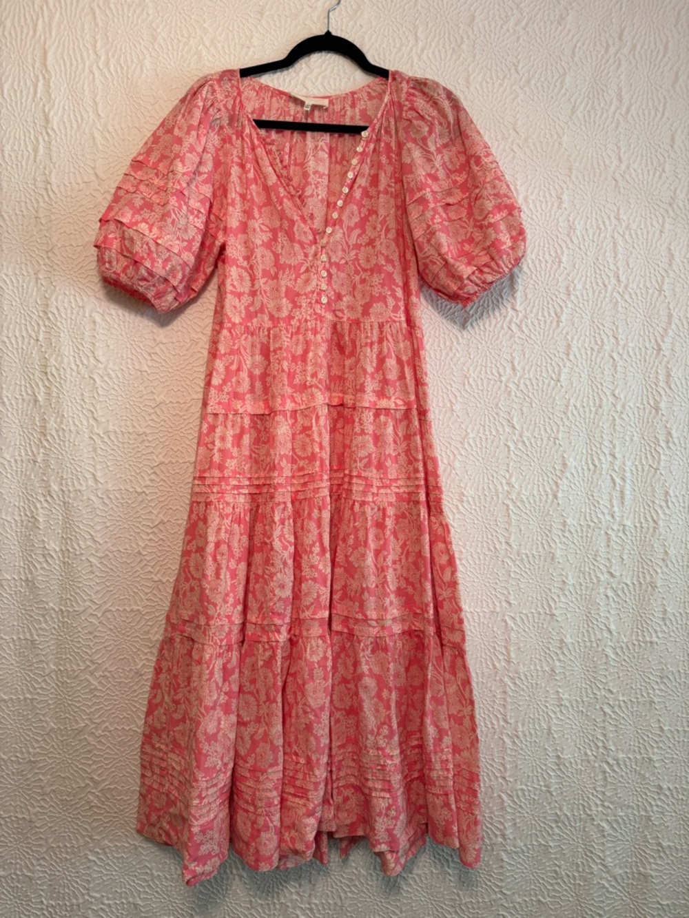 THE GREAT. Pink Floral Tiered Maxi with Puff Sleeves, S